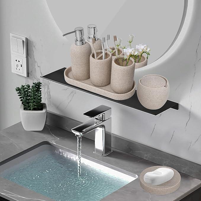 Bathroom Accessory Set, 6PCS Beige Bathroom Accessories - Soap Dish, Lotion Dispenser, Toothbrush Holder, Mouthwash Cup, Tray, Cotton Ball Jar, Aesthetic Decor Bathroom Sets - ModernBath