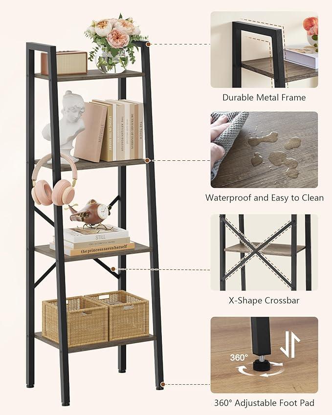 Hoctieon 4-Tier Industrial Ladder Bookshelf, Narrow Ladder Shelf, Tall Standing Bookshelf, Skinny Open Ladder Shelf, for Living Room, Home Office, Kitchen, Bedroom, Metal Frame, Greige - ModernBath