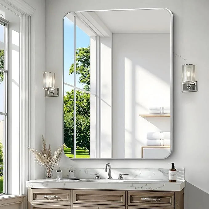 Silver Bathroom Mirror,36x48 inch Wall Mirror for Bathroom Wall Mounted,Rectangle Mirror for Bathroom Over Sink,Modern Frame Round Corner for Living Room,Bedroom Entryway,Horizontal/Vertical - ModernBath
