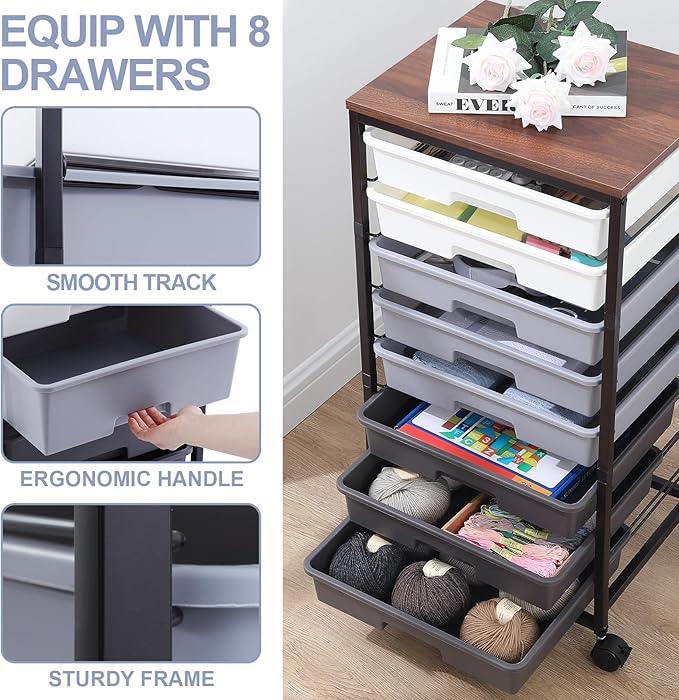 Rolling Cart with Drawers,Utility Cart With 8 Drawers and Wooden Tabletop for Living Room,Classroom,Bedroom,Bathroom,Dorm,Office,Dark Grey - ModernBath
