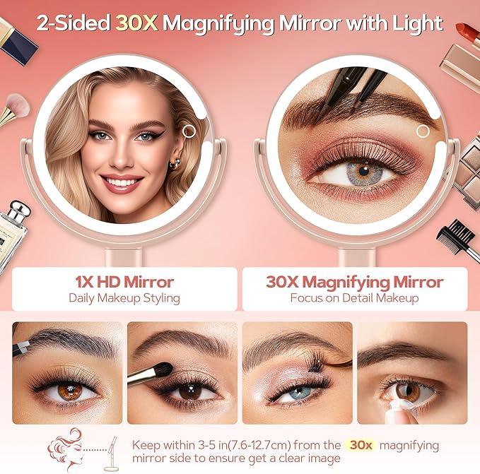 B Beauty Planet Makeup Mirror with Lights, Lighted Magnifying Mirror 30X with 3 Lighting and Adjustable Brightness, 2-Sided Height Adjustable Vanity Mirror for Bathroom, Gifts for Women Pink - ModernBath