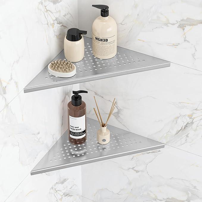 Corner Shower Shelves, 10” Recessed Tile Shower Shelf Brushed Nickel, 304 Stainless Steel Grout in Corner Tile Bathroom Shelves, No Drilling, 2 Pack - ModernBath