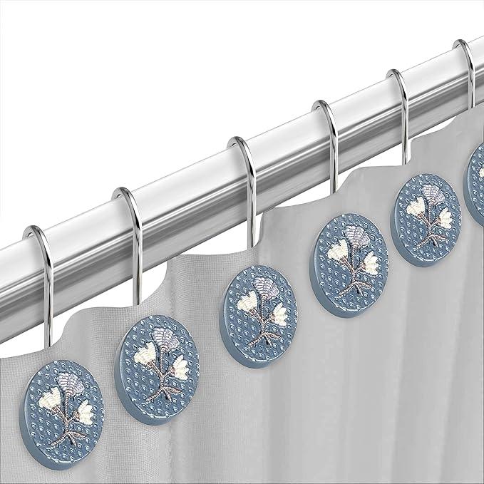 Zahari Home 13pc Capri Bathroom Sheer Shower Curtain Sets & 12 Hooks - Modern Classic Luxury Contemporary Decor Blue Shower Curtain Stylish Bath Sets - ModernBath