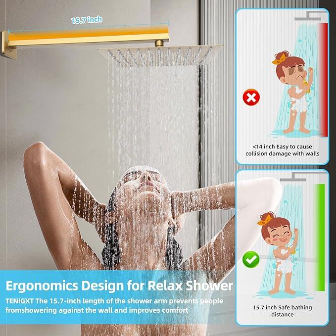 TENIGXT Bathroom Shower Faucet Set，12 Inch Rain Shower Head with Handheld Spray，Brass Shower Valve Trim Kit，Wall Mounted Square Rain Shower System (Brushed Gold) - ModernBath