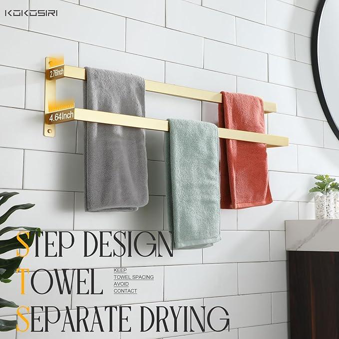 KOKOSIRI Bath Towel Bars Bathroom 2-Tiers Ladder Brushed Gold Towel Rails 32-Inch Towel Holders Wall Mounted Towels Shelves Rack Stainless Steel, B5008BG-L32 - ModernBath