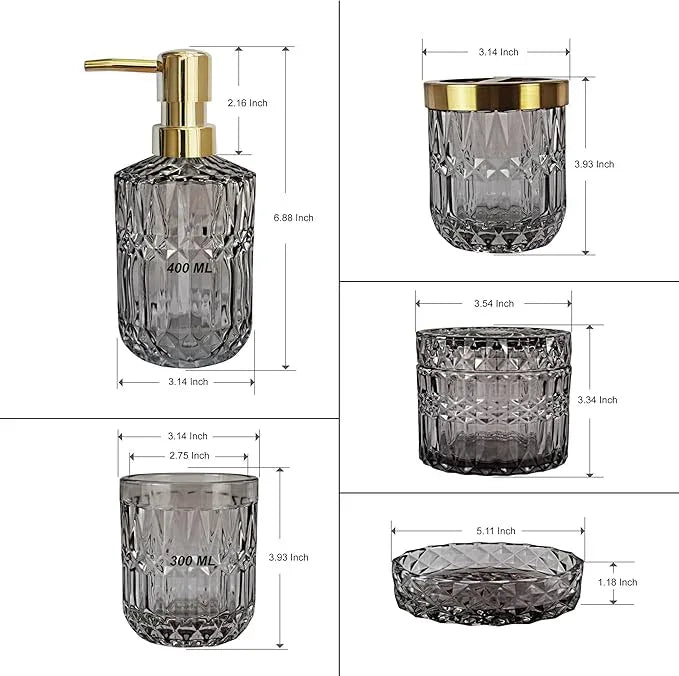 LaMarriti Gray Bathroom Accessories Set, 5Pcs Clear Glass Bathroom Sets, Soap Dispenser, Soap Dish, Toothbrush Holder Set, Cotton Swab Jar, Black and Gold Accent for Vintage Bathroom Decor, Gift Set - ModernBath