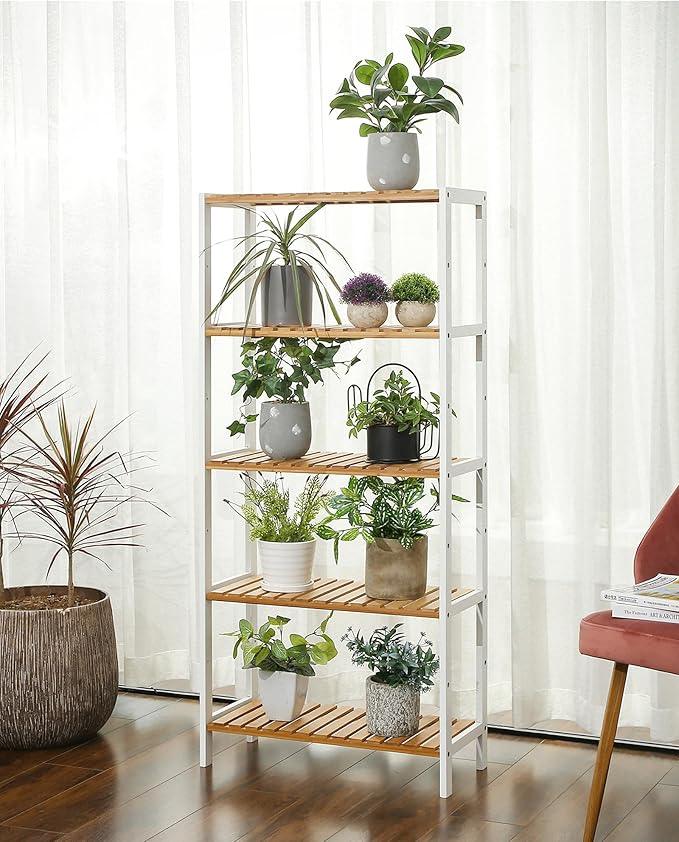 SONGMICS Bamboo Storage Shelf, 5-Tier Shelving Unit, Multifunctional, in The Entryway, Bathroom, Living Room, Balcony, Kitchen, 10.2 x 23.6 x 51.2 Inches, Cloud White and Light Bamboo UBCB35WN - ModernBath