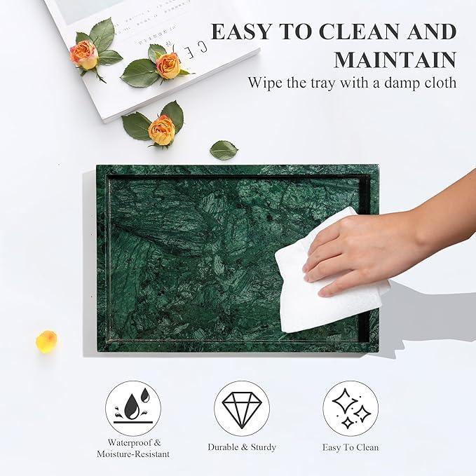 Real Natural Marble Tray for Bathroom, Genuine Marble Stone Vanity Tray, Luxury Storage Trays for Kitchen, Vanity, Home Decor, Dresser, Non-Resin/Non-Ceramic, 12"x 8"x 1.2", Dark Green - ModernBath