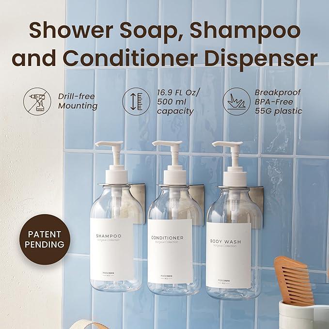 MaisoNovo Shampoo and Conditioner Dispenser - Shower Soap Dispenser Wall Mounted - 16.9 fl oz Set of 3 Clear Plastic Bottles White Pump - Shampoo Dispenser, Shower Dispenser 3 Chamber No Drill - ModernBath