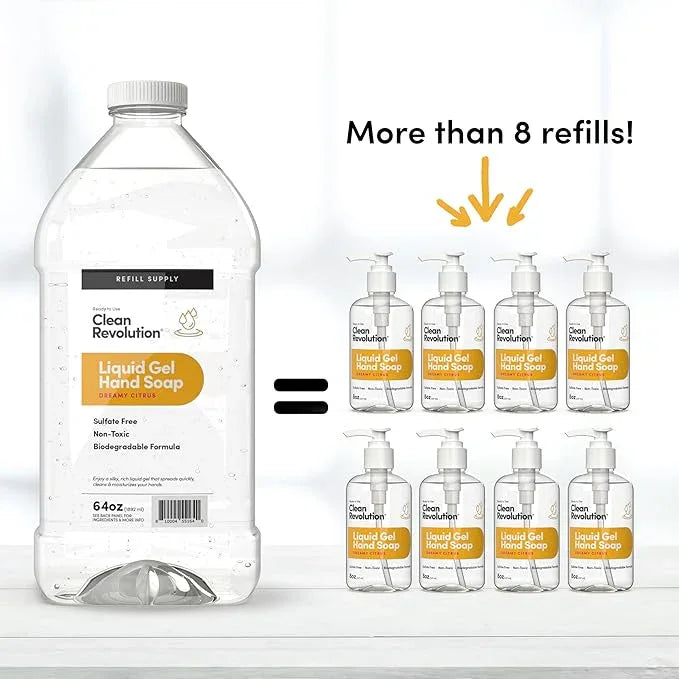 Clean Revolution Liquid Gel Hand Soap, Silky Rich Liquid, Quick Lather, Fast Rinsing, Contains Real Essential Oils (Dreamy Citrus) 64 Fl Oz - ModernBath
