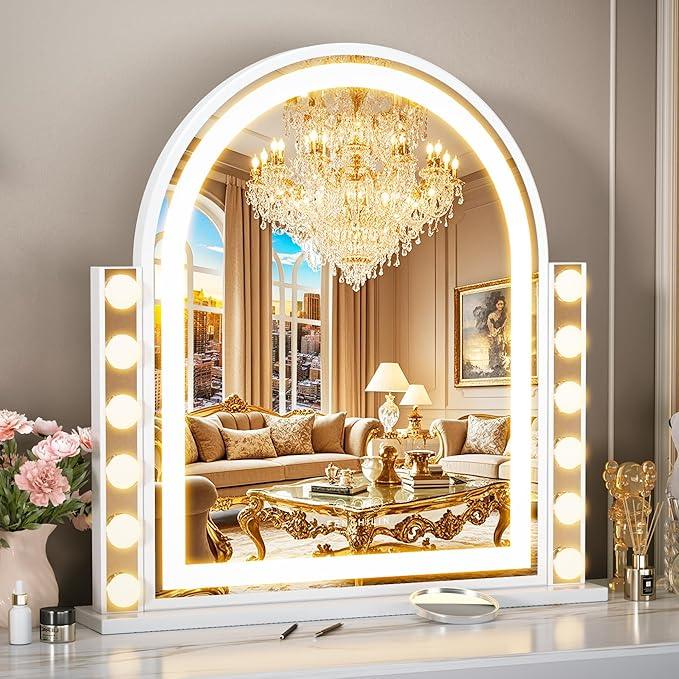 FENCHILIN Arch Vanity Mirror with Light 23.4"x22.4" Arched Makeup Mirror Lighted Hollywood Mirror with 12 Dimmable Bulbs and Light Strip with Smart Control 3 Color Modes White - ModernBath