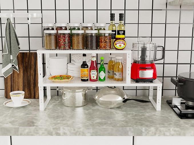 Jojocross Adjustable Expanable Stackable Spice Rack Shelf Pantry Storage Organizer for Kitchen Cabinet,Countertop,Bathroom and More.Space is no Longer Limited(1Pack/White/Large) - ModernBath