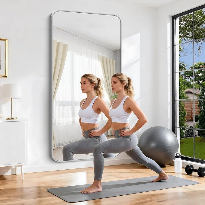 CIVENO Silver Bathroom Mirror, 72 x 36 Inch Large Rectangle Mirror, Rectangular Vanity Mirror Aluminum Metal Frame, Rounded Corner Wall Mirror for Living Room Bedroom Entryway Horizontal/Vertical - ModernBath