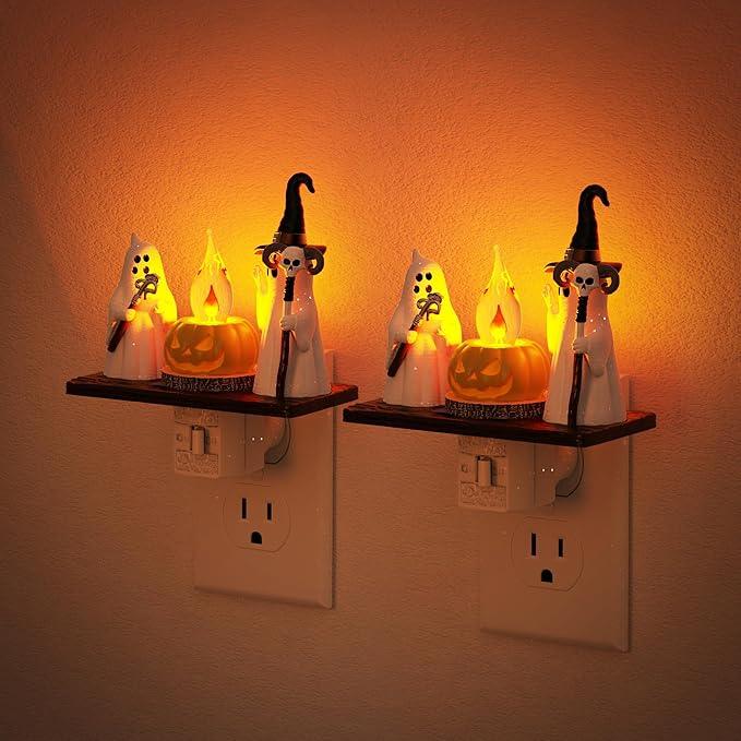 Halloween Night Light,Amber Night Lights Plug into Wall,Cute & Funny Flaming Jumping Night Light,Ghost & Pumpkin Plug in Nightlight with 360° Rotatable for Kids Halloween Party Decor,2 Pack - ModernBath