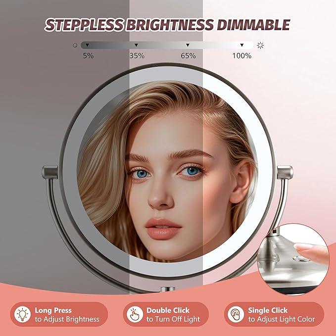 9" Lighted Makeup Mirror, 1X/20X Rechargeable Magnifying Mirror with 3 Color Dimmable Lights for Bedroom Tabletop, Base Charging and Switch, Women Gift - ModernBath