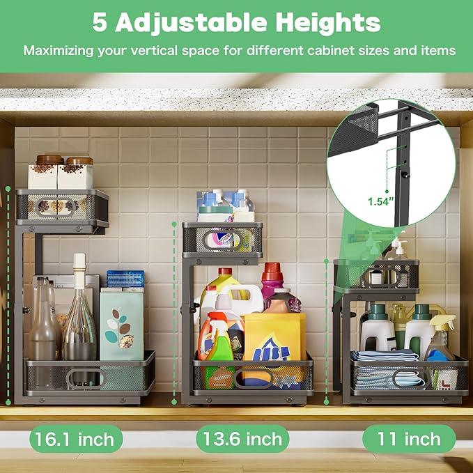 Under Sink Organizer, High Adjustable 2 Tier Under Sink Organizers and Storage, Slide Out Metal Cabinet Organizers, Pull Out Sink Storage Drawer Shelf for Kitchen Bathroom Cabinet, Black, 2 Pack - ModernBath
