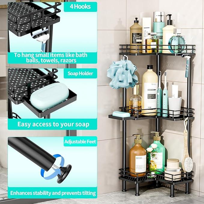 HapiRm Corner Shower Caddy Standing - 3 Tier Shower Organizer Corner with Soap Holder, Rustproof Bathroom Standing Organizer with 4 Hooks, Black - ModernBath