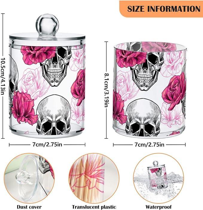 BOENLE 2 Pack Qtip Holder Dispenser Skull Rose Flower Bathroom Storage Canister Lid Acrylic Plastic Apothecary Jar Set Vanity Makeup Organizer for Cotton Swab/Ball/Round Pads, Floss - ModernBath