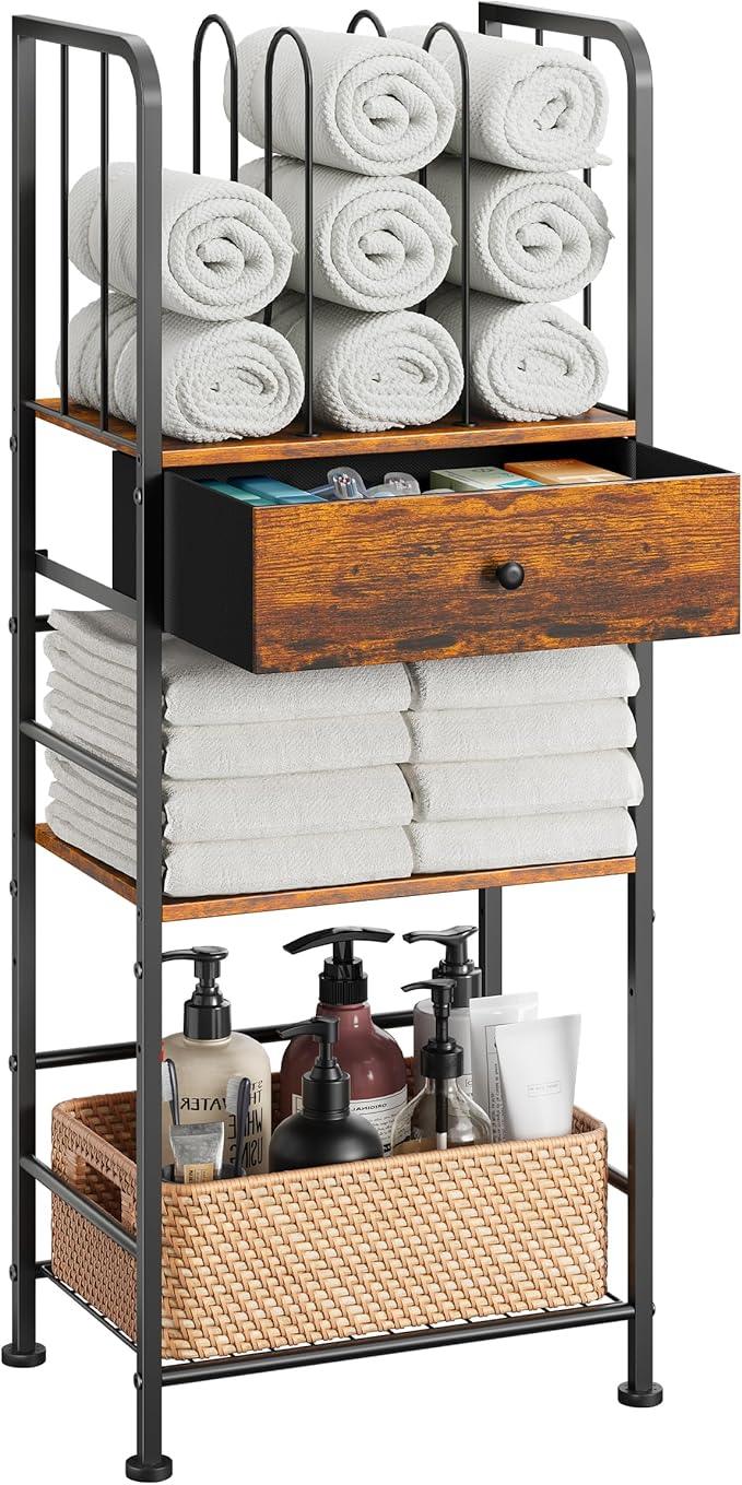 Towel Rack Free Standing 3-Tier with Drawer and M-Shaped Detachable Dividers,Towel Holder with Adjustable Shelf, Towel Organizer Space Saving for Bathroom and Poolside Patent Pending - ModernBath
