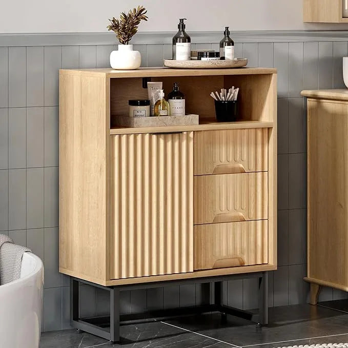 Fluted Kitchen Cabinets Set of 2, Modern 3 Drawers Storage Organizer with Sliding Doors Adjustable Shelf Wood Storage Cabinets for Bathroom Dining Room Living Room - ModernBath