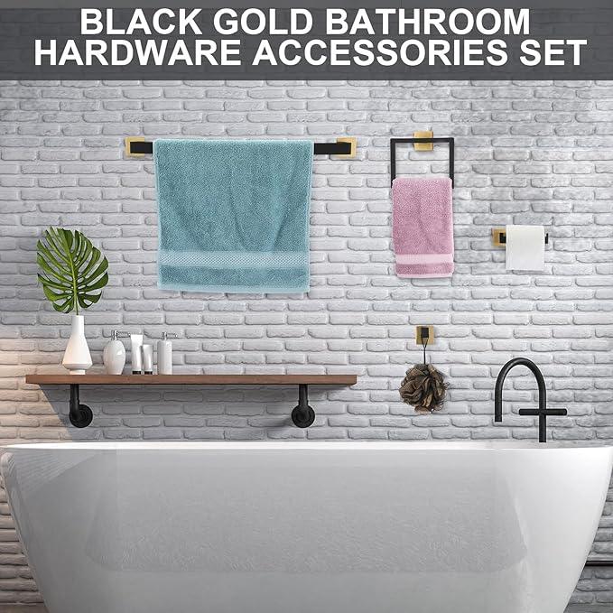 Gisafai 10 Pcs Black Gold Bathroom Hardware Accessories Set 23.6 Inch Bath Towel Bar Kit Stainless Steel Bathroom Hardware Set Towel Racks Ring Robe Hooks Paper Holder for Wall Mounted - ModernBath