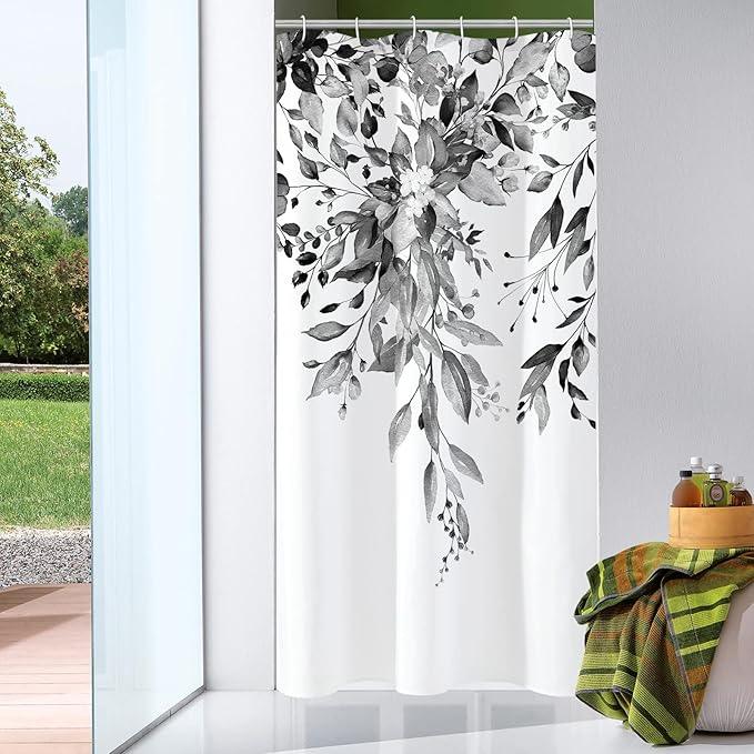 Gibelle Small Stall Shower Curtain 36 x 72, Narrow Black and White Floral Shower Curtain, Watercolor Plant Eucalyptus Leaves Fabric Shower Curtain Set - ModernBath