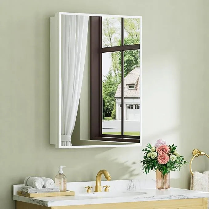 Buruis 20" x 28" Framed Medicine Cabinet with Mirror, Recessed or Wall Mounted Bathroom Cabinet, Adjustable Tempered Glass Shelves, Left/Right Open Reversible, No Assembly Required, White - ModernBath