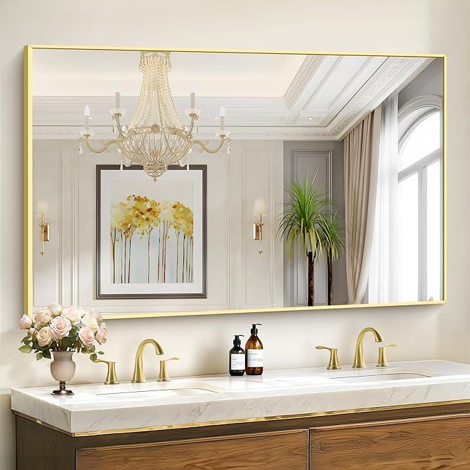 COFENY 36x55inch Bathroom Mirror, Gold Rectangle Mirror with Thin Metal Frame, Large Rectangular Wall Mirror for Bathroom, Living Room, Hair Salon, Big Farmhouse Mirror Hang Horizontal/Vertical - ModernBath