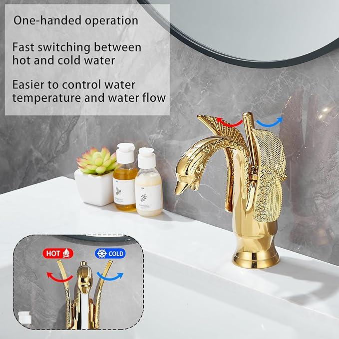 Gold Bathroom Faucet GGStudy Swan Shape Single Handle One Hole Bathroom Vanity Faucet Basin Tap Deck Mount Lavatory - ModernBath