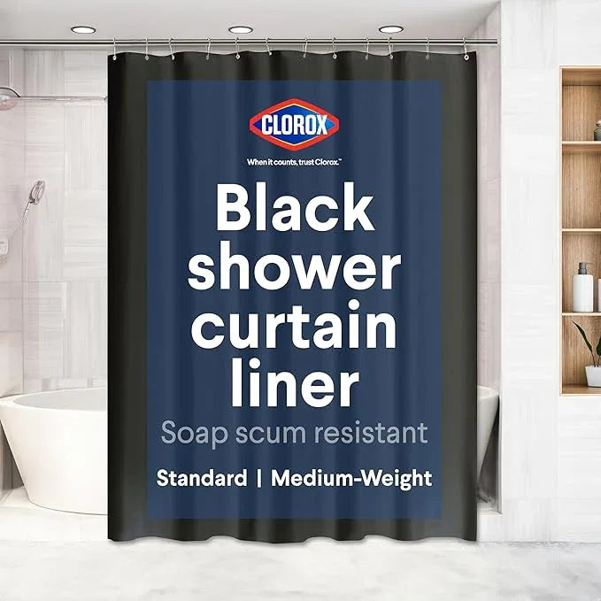 CLOROX Shower Curtain Liner, Premium Medium Weight Flexible Waterproof 6g PEVA for Bathroom with Weighted Magnets, Standard Size 72" x 72", Black 1 Pack - ModernBath