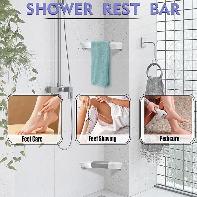 LIWEIKE Brushed Nickel Shower Foot Rest Bar Wall Mount Shower Stool for Shaving Legs Non-Slip Scrub Shower Foot Step Square Corner Shower Shaver Foot Rest - ModernBath