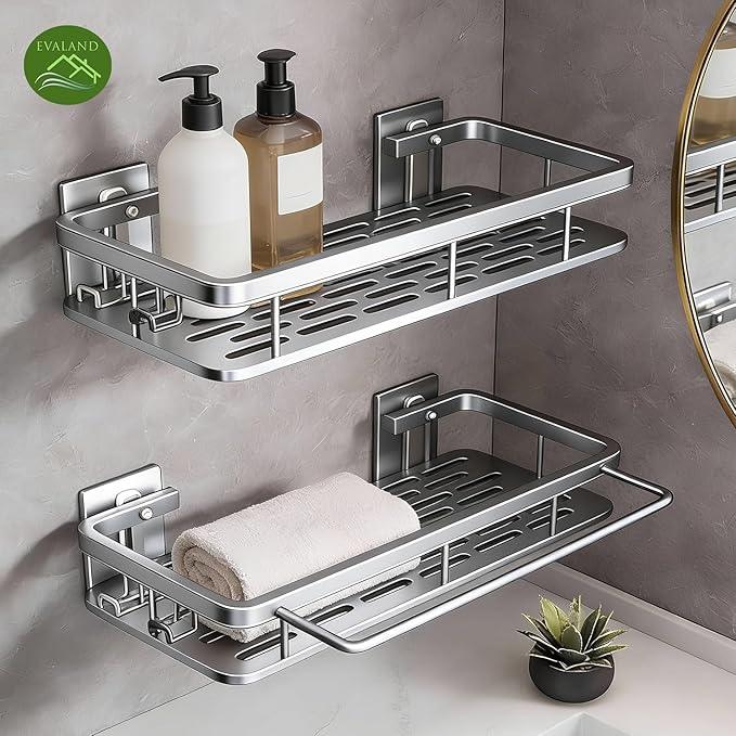 EVALAND Shower Caddy Adhesive 2-Pack with Hooks and Rod for Towels, Silver – Premium Bathroom Shower Shelves, Shampoo Organizer, Bathtub Shelf, Rustproof, Easy Installation, Sturdy Modern Look - ModernBath