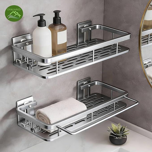 EVALAND Shower Caddy Adhesive 2-Pack with Hooks and Rod for Towels, Silver – Premium Bathroom Shower Shelves, Shampoo Organizer, Bathtub Shelf, Rustproof, Easy Installation, Sturdy Modern Look - ModernBath