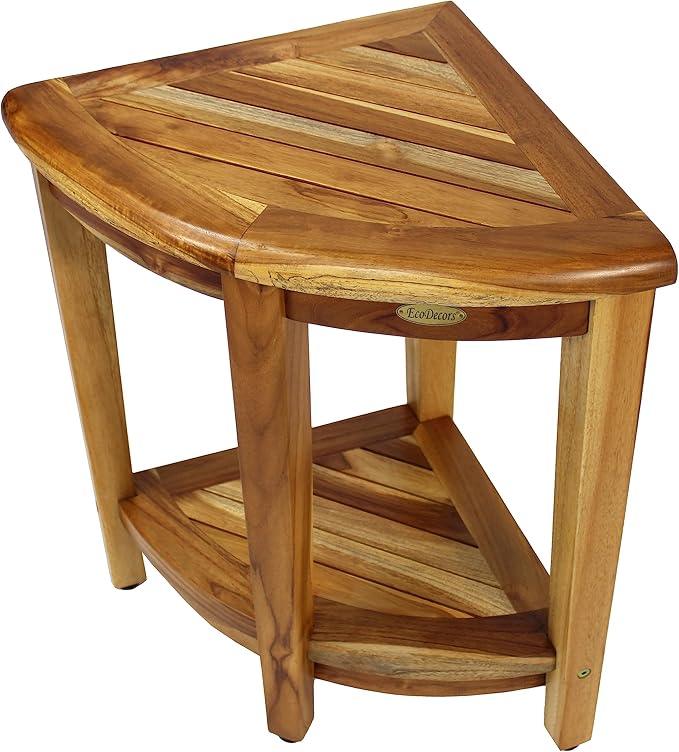 EcoDecors 24" Extended Height Snazzy Corner Natural Color Waterproof Teak Wood Shower Bench Stool Seat Chair for Inside Shower Storage Shelf Provides Safety and Storage for Bathroom Accessories - ModernBath