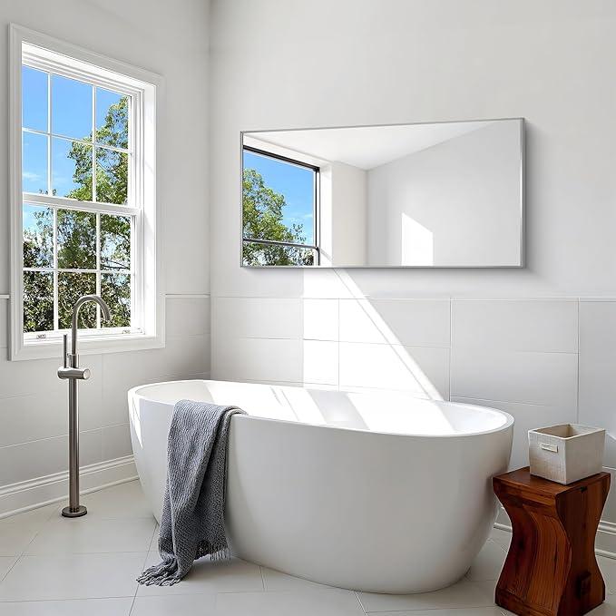 BONEWEI Silver Bathroom Mirror,24x48 inch Wall Mirror for Bathroom Wall Mounted,Large Rectangle Mirror for Bathroom Over Sink,Modern Metal Frame for Living Room,Bedroom Entryway,Horizontal/Vertical - ModernBath