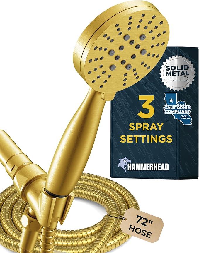 HammerHead Showers® Solid Metal 3-Spray Handheld Shower Head with Long Hose and Holder - BRUSHED GOLD - WIDE, MASSAGE, and MIST Sprays - 1.8 GPM Low Flow Handheld Showerhead - Water Saving Shower Head - ModernBath