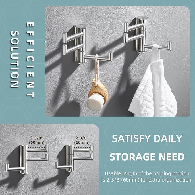 Angle Simple Swivel Towel Hooks, SUS 304 Stainless Steel Foldable Robe Hand Towel Holder for Bathroom Kitchen Wall, Brushed Nickel, 2 Pack - ModernBath