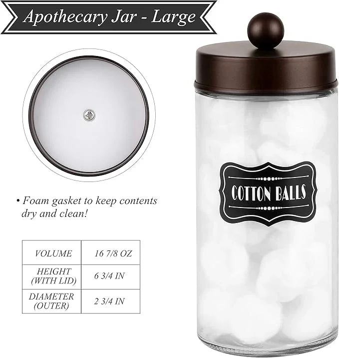 Apothecary Jars 3 Pack - Glass Bathroom Containers with Stainless Steel Lids - Rustic Farmhouse Decor Bathroom Accessories, Vanity Organizer Apothecary Jars for Qtip/Cotton Balls (Bronze) - ModernBath