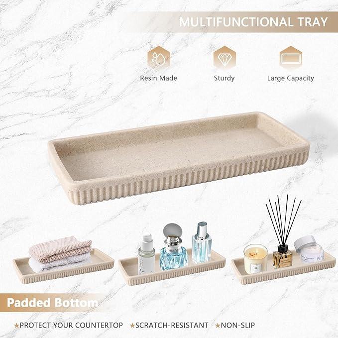 XLHOMO Resin Beige Bathroom Accessories Set 5 Pcs, Lotion Soap Dispenser, Toothbrush Holder, Bathroom Tumbler, Qtip Holder and Vanity Tray, Bathroom Countertop Organizer Set for Modern Home Apartment - ModernBath