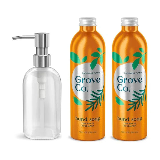 Grove Co. Hydrating Gel Hand Soap Refills (2 x 13 Fl Oz) + 1 x Reusable Glass Soap Dispenser, Plastic-Free & Liquid Refillable Starter Kit, Natural Orange & Rosemary Fragrance - ModernBath