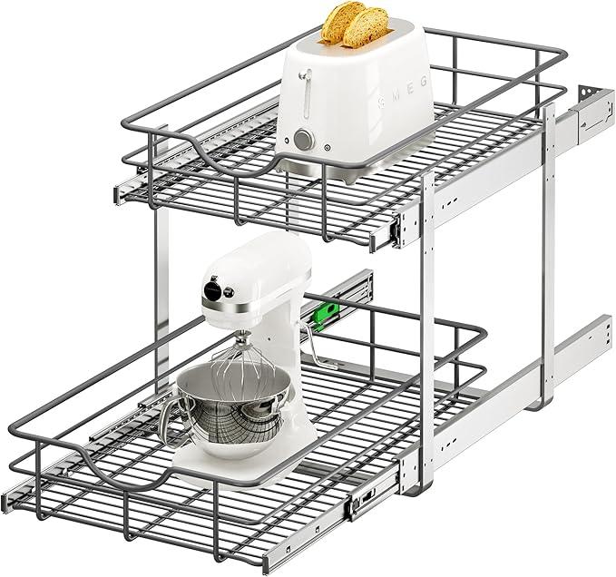 ALINE FURNITURE 2-Tier Pull Out Cabinet Organizer - 14" W x 22" D Soft Close Pullout Shelves with Shelf Liners - Slide Out Drawers for Kitchen Cabinets, Pantry, Bathroom, Heavy Duty Steel Wire Baskets - ModernBath