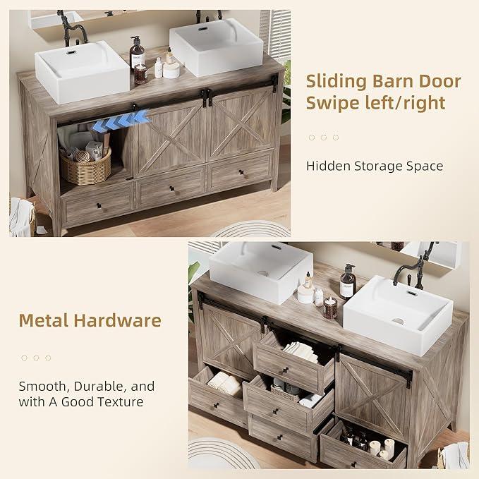 VNN Bathroom Vanity with Sink - 60 Inch Bathroom Vanity Double Sink Ceramic, Freestanding Cabinet with 2 Farmhouse Sliding Barn Doors and 5 Drawers, Space-Saving Storage Cabinet, Grey Wood Grain - ModernBath