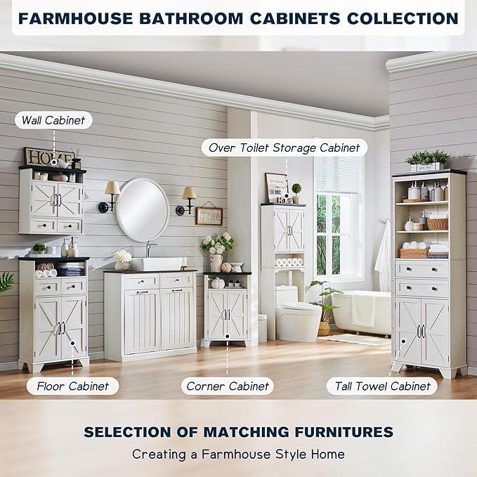 ACCOHOHO Bathroom Floor Cabinet, Farmhouse Storage Cabinet, 24" Wide Cabinet with Drawer, Adjustable Shelf, Barn Doors, Cabinets for Bathroom, Kitchen, Living Room, Off White - ModernBath