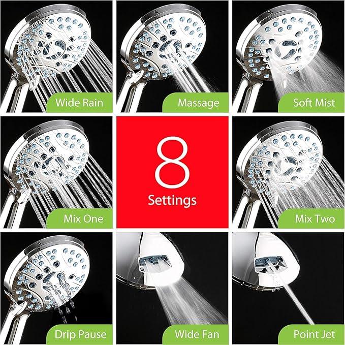 AquaCare High Pressure 8-mode Handheld Shower Head - Anti-clog Nozzles, Built-in Power Wash to Clean Tub, Tile & Pets, Extra Long 6 ft. Stainless Steel Hose, Wall & Overhead Brackets - ModernBath