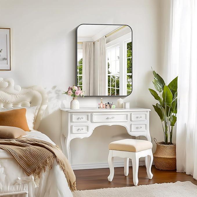CIVENO Bathroom Mirror, 30 x 24 inch Metal Framed Black Rectangle Mirror, Rounded Corner Rectangular Vanity Mirror, Wall Mounted Mirror for Modern Bedroom Living Room Hangs Horizontal or Vertical - ModernBath