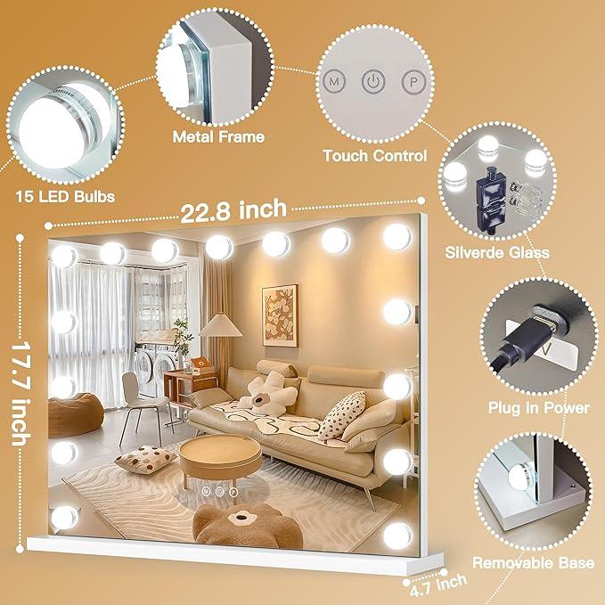 ROLOVE 23"x18" Hollywood Vanity Mirror with Lights, 15 Dimmable LED Bulbs, led Makeup Mirror with 3 Color Modes, Lighted Vanity Mirror for Tabletop or Wall-Mounted - ModernBath