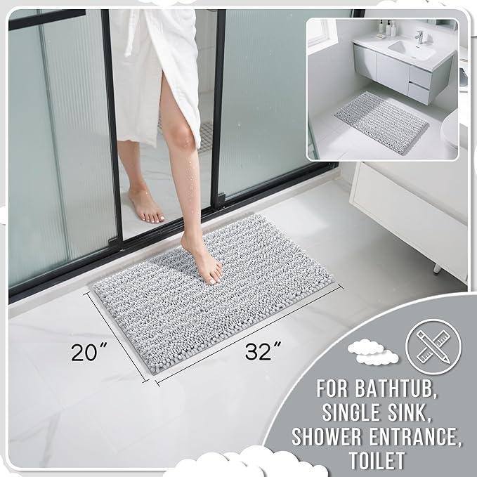 Yimobra Bathroom Rugs Non Slip Washable 32x20 Inch - Ultra Soft Absorbent Chenille Bath Mat, Quick Dry Shaggy Floor Carpet for Tub Shower, Silver Home Decor Accessories - ModernBath