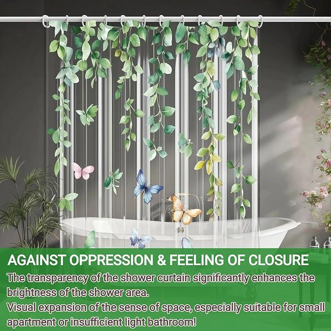 CAPQL Clear Eucalyptus Leaves Butterfly Shower Curtain Liner, Plastic Transparent Green Plant Shower Curtains for Bathroom, 72x72 Weighted Magnetic Shower Curtain Set with 12 Hooks - ModernBath