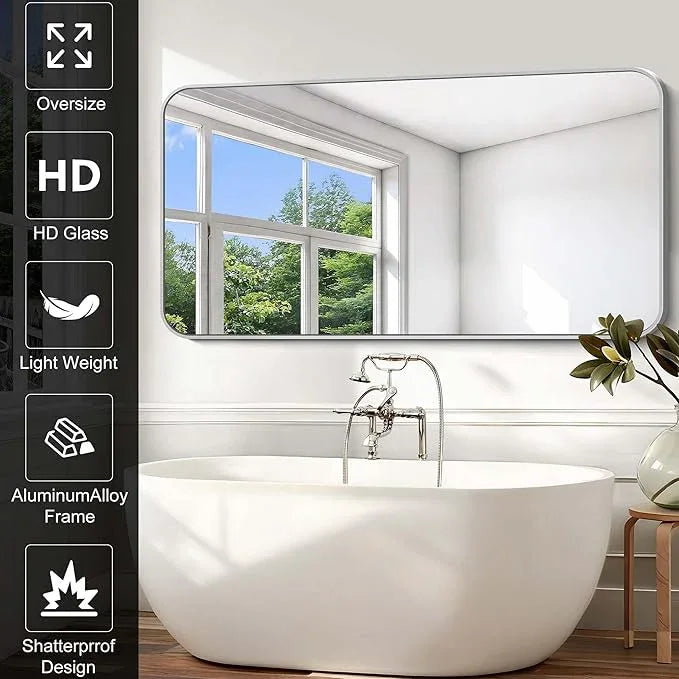 CIVENO Silver Bathroom Mirror, 72 x 36 Inch Large Rectangle Mirror, Rectangular Vanity Mirror Aluminum Metal Frame, Rounded Corner Wall Mirror for Living Room Bedroom Entryway Horizontal/Vertical - ModernBath