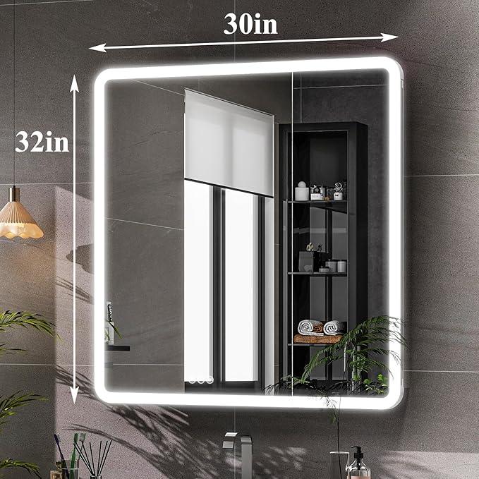 LED Bathroom Medicine Cabinet with Mirror, 30 Inch x 32 Inch Bathroom Mirror Cabinet with Door & Adjustable Shelves, Surface Mount or Recess Installation - ModernBath